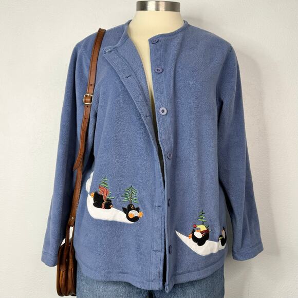 Vintage 90s Blue Penguin Fleece Button Jacket Blue Plus Size 1X - Picture 1 of 7